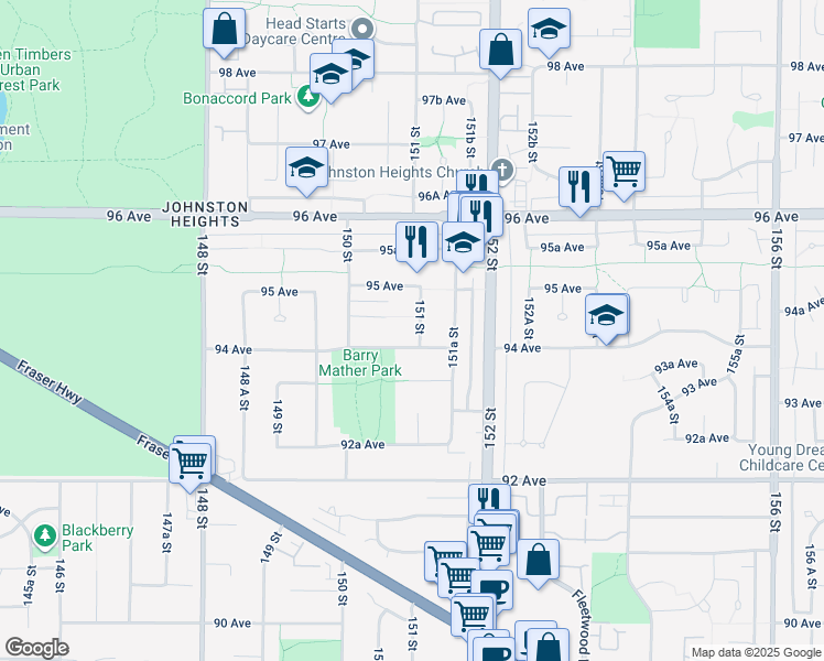 map of restaurants, bars, coffee shops, grocery stores, and more near 9437 151 Street in Surrey