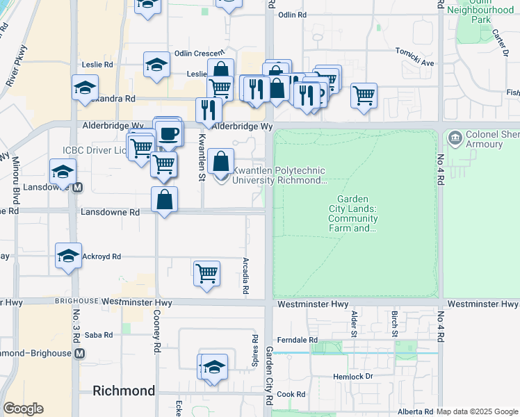 map of restaurants, bars, coffee shops, grocery stores, and more near 8855 Lansdowne Road in Richmond
