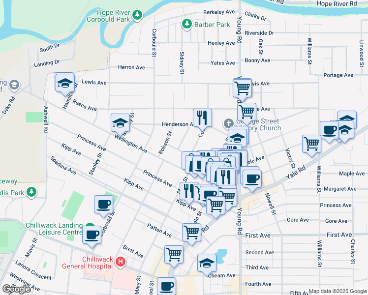 map of restaurants, bars, coffee shops, grocery stores, and more near 45773 Victoria Avenue in Chilliwack