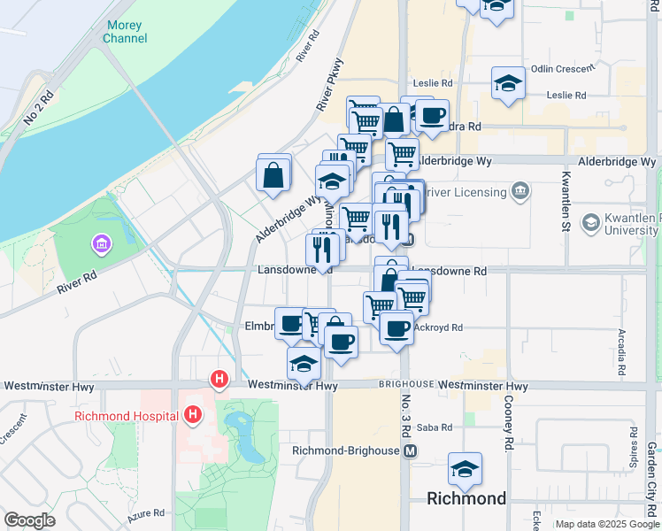 map of restaurants, bars, coffee shops, grocery stores, and more near 1801 Lansdowne Road in Richmond