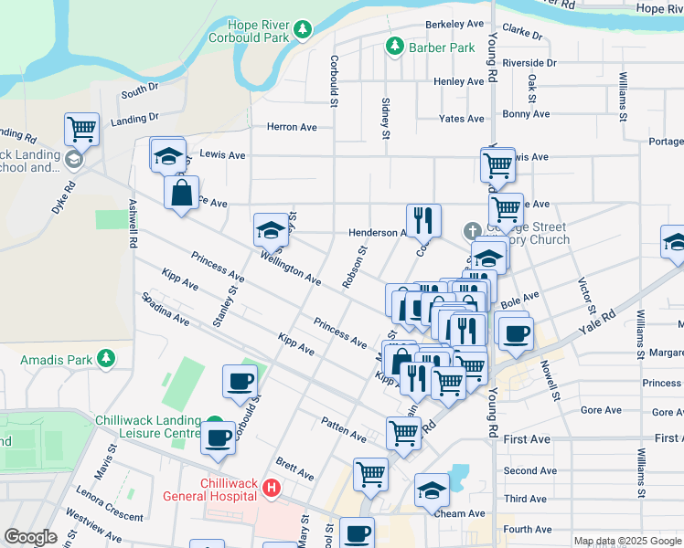 map of restaurants, bars, coffee shops, grocery stores, and more near 9495 Corbould Street in Chilliwack