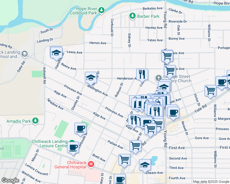 map of restaurants, bars, coffee shops, grocery stores, and more near 9450 Robson Street in Chilliwack