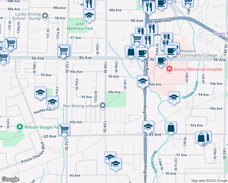 map of restaurants, bars, coffee shops, grocery stores, and more near 13439 94A Avenue in Surrey
