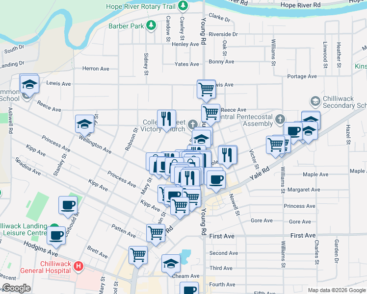 map of restaurants, bars, coffee shops, grocery stores, and more near 9477 College Street in Chilliwack