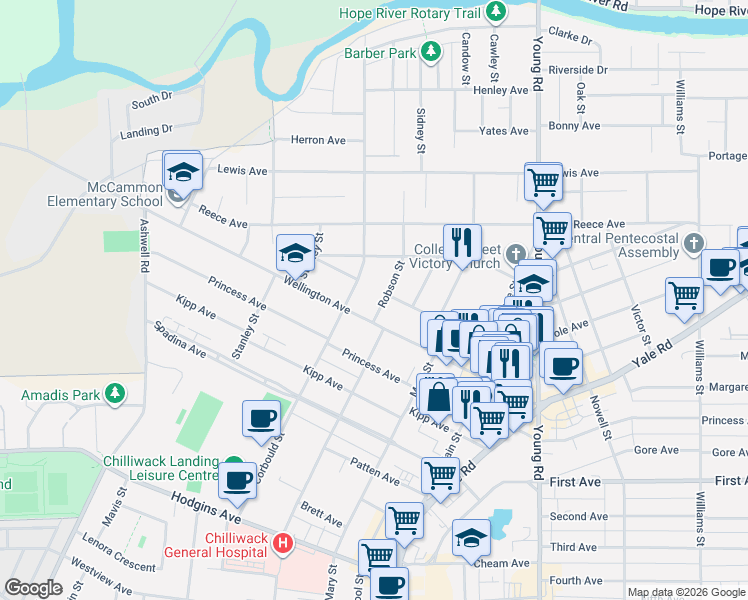 map of restaurants, bars, coffee shops, grocery stores, and more near 9450 Robson Street in Chilliwack