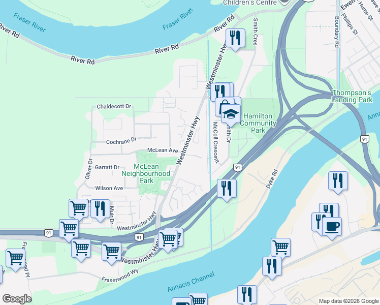 map of restaurants, bars, coffee shops, grocery stores, and more near 22811 McLean Avenue in Richmond
