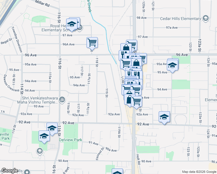 map of restaurants, bars, coffee shops, grocery stores, and more near 9420 119 Street in Delta