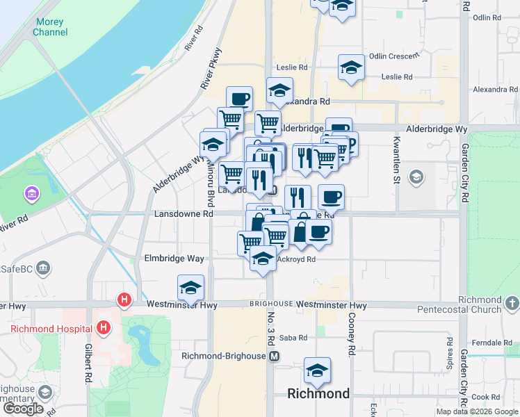 map of restaurants, bars, coffee shops, grocery stores, and more near 5599 Number 3 Road in Richmond