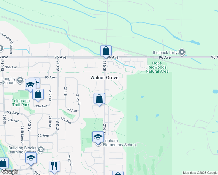 map of restaurants, bars, coffee shops, grocery stores, and more near 21637 94A Avenue in Langley Township
