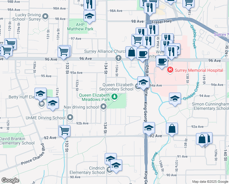 map of restaurants, bars, coffee shops, grocery stores, and more near 13439 94A Avenue in Surrey