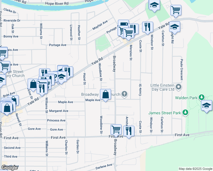map of restaurants, bars, coffee shops, grocery stores, and more near 9472 Woodbine Street in Chilliwack