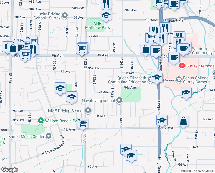 map of restaurants, bars, coffee shops, grocery stores, and more near 13318 Sutton Place in Surrey