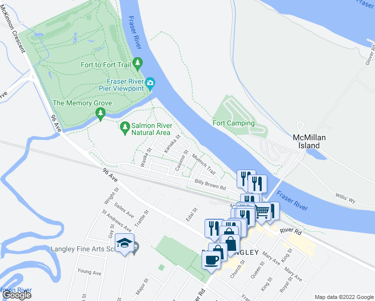 map of restaurants, bars, coffee shops, grocery stores, and more near 23073 Muench Trail in Langley