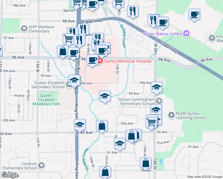 map of restaurants, bars, coffee shops, grocery stores, and more near 13798 94A Avenue in Surrey