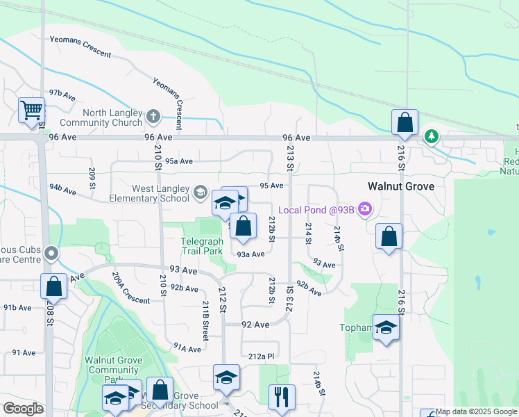 map of restaurants, bars, coffee shops, grocery stores, and more near 21242 94B Avenue in Langley Township