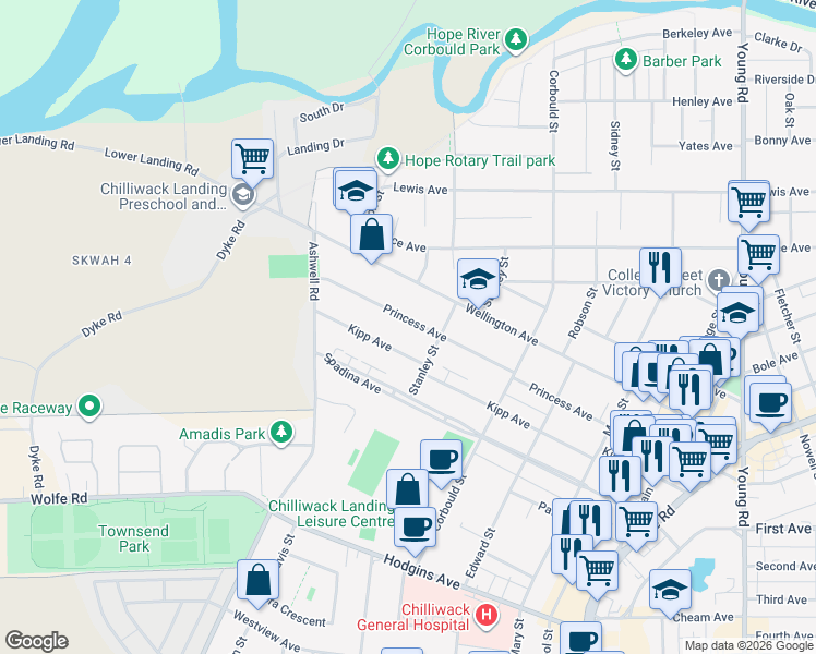 map of restaurants, bars, coffee shops, grocery stores, and more near 45474 Princess Avenue in Chilliwack