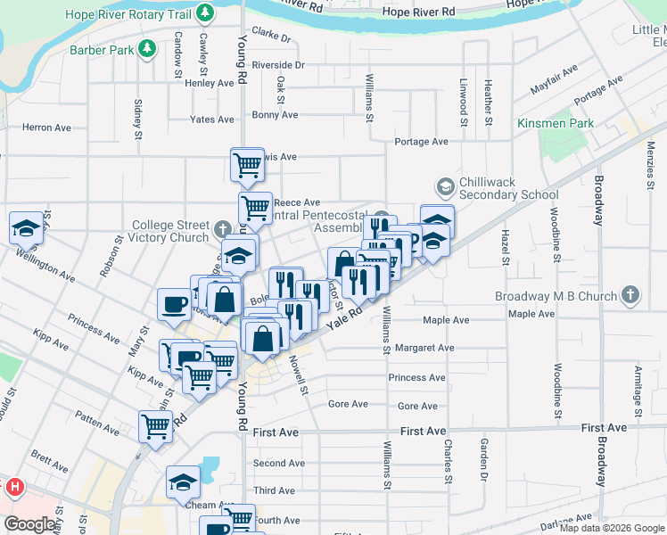map of restaurants, bars, coffee shops, grocery stores, and more near 46130 Cleveland Avenue in Chilliwack