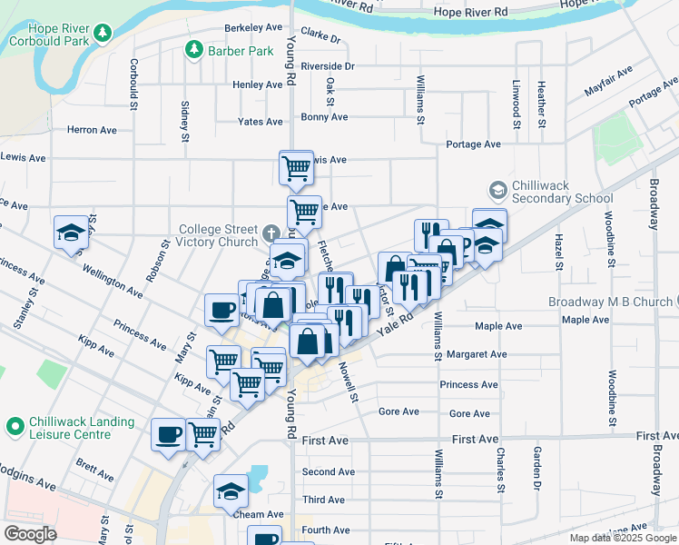 map of restaurants, bars, coffee shops, grocery stores, and more near 46063 Cleveland Avenue in Chilliwack