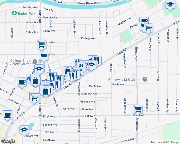 map of restaurants, bars, coffee shops, grocery stores, and more near 46354 Yale Road East in Chilliwack