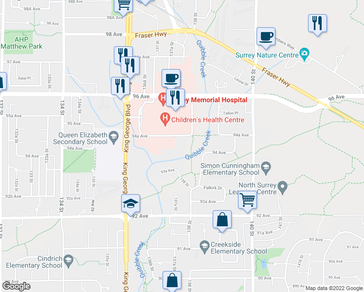 map of restaurants, bars, coffee shops, grocery stores, and more near 13798 94A Avenue in Surrey