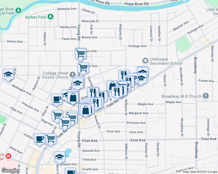 map of restaurants, bars, coffee shops, grocery stores, and more near 46130 Cleveland Avenue in Chilliwack