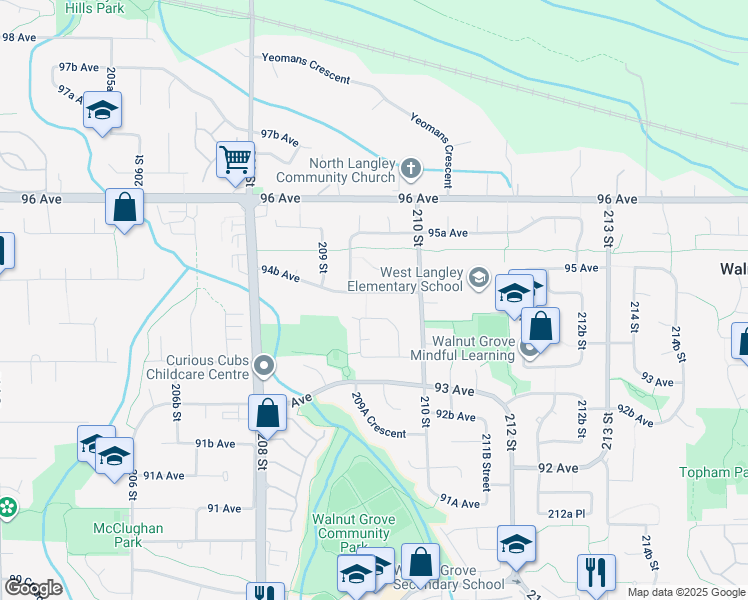 map of restaurants, bars, coffee shops, grocery stores, and more near 20952 94B Avenue in Langley Township