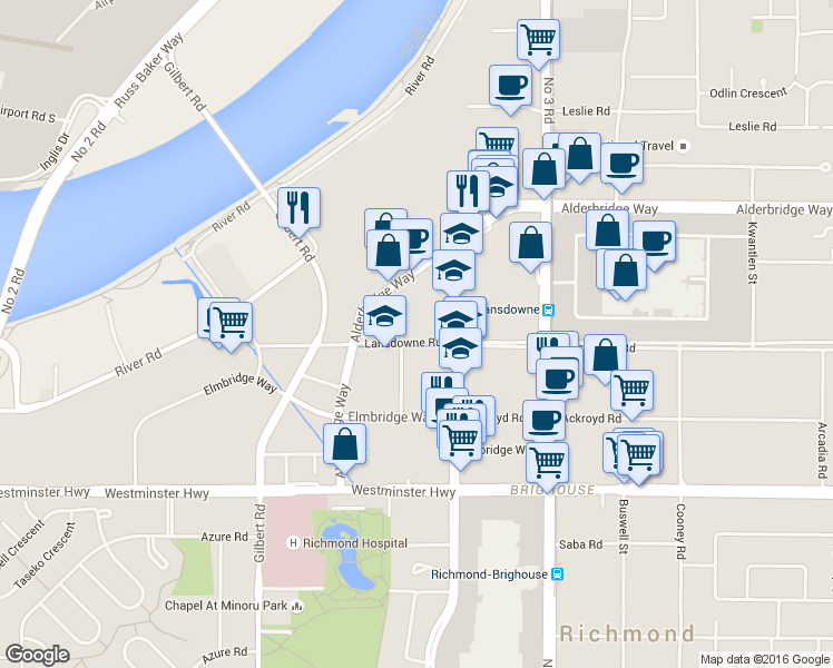 map of restaurants, bars, coffee shops, grocery stores, and more near 5660 Cedarbridge Way in Richmond