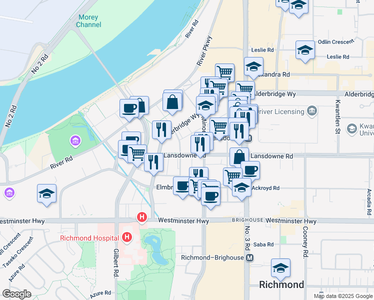 map of restaurants, bars, coffee shops, grocery stores, and more near in Richmond