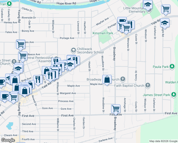 map of restaurants, bars, coffee shops, grocery stores, and more near 9473 Hazel Street in Chilliwack
