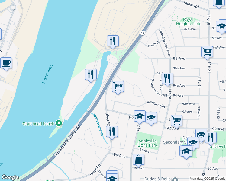 map of restaurants, bars, coffee shops, grocery stores, and more near 11128 River Road in Delta
