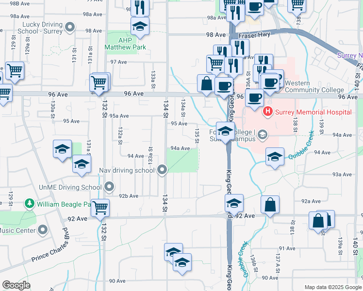 map of restaurants, bars, coffee shops, grocery stores, and more near 13455 94A Avenue in Surrey