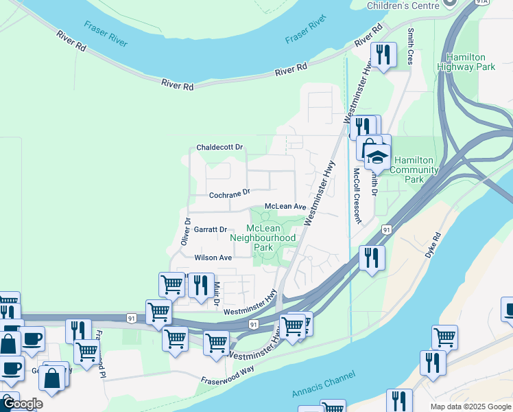 map of restaurants, bars, coffee shops, grocery stores, and more near McLean Avenue in Richmond