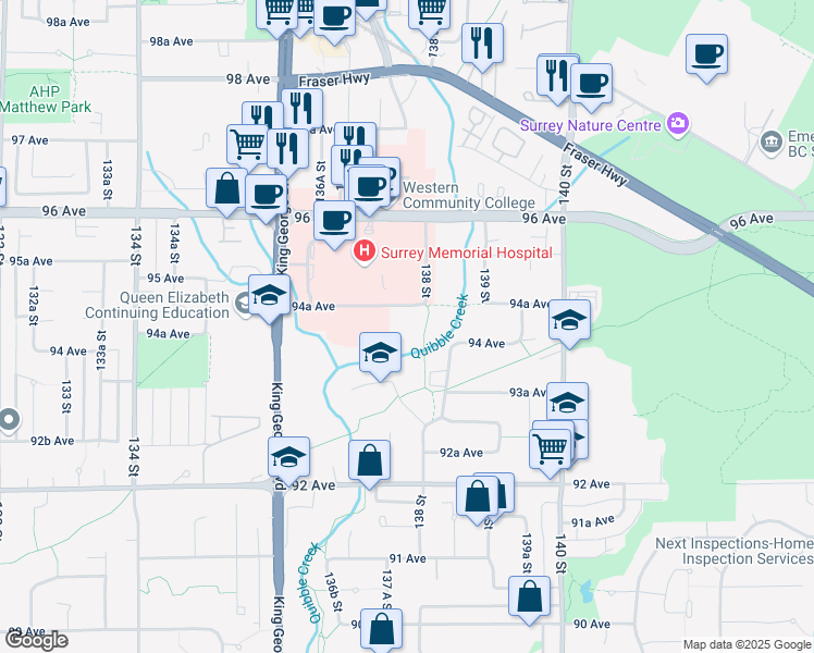 map of restaurants, bars, coffee shops, grocery stores, and more near in Surrey
