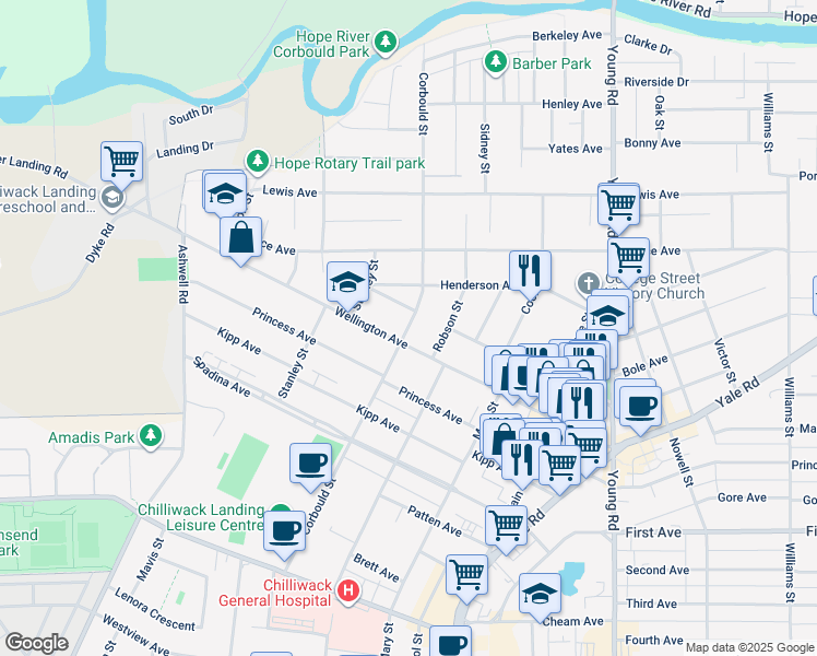 map of restaurants, bars, coffee shops, grocery stores, and more near Corbould Street in Chilliwack