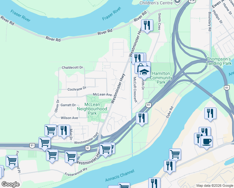 map of restaurants, bars, coffee shops, grocery stores, and more near 22811 McLean Avenue in Richmond