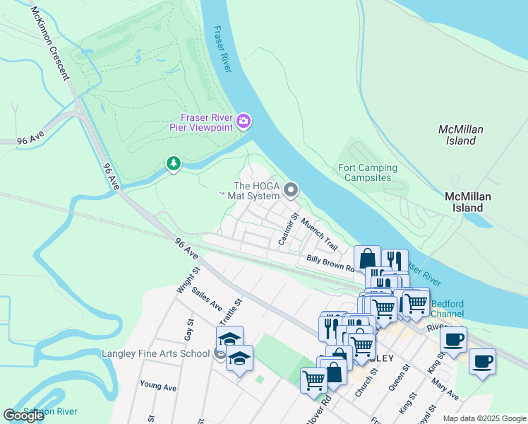 map of restaurants, bars, coffee shops, grocery stores, and more near 9445 Kanaka Street in Langley