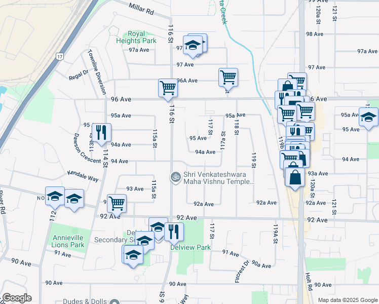 map of restaurants, bars, coffee shops, grocery stores, and more near 11648 94A Avenue in Delta
