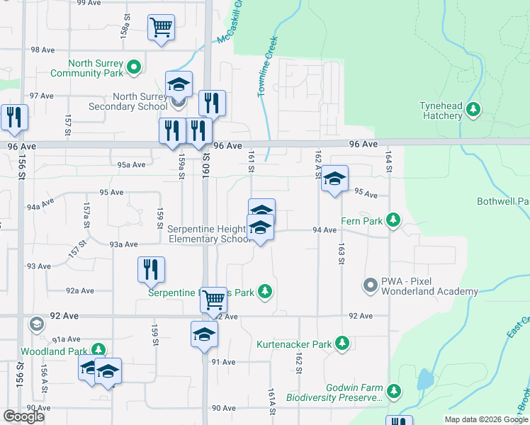map of restaurants, bars, coffee shops, grocery stores, and more near 16156 94A Avenue in Surrey