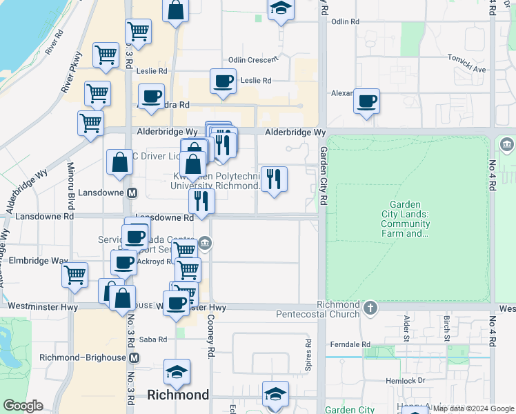 map of restaurants, bars, coffee shops, grocery stores, and more near in Richmond