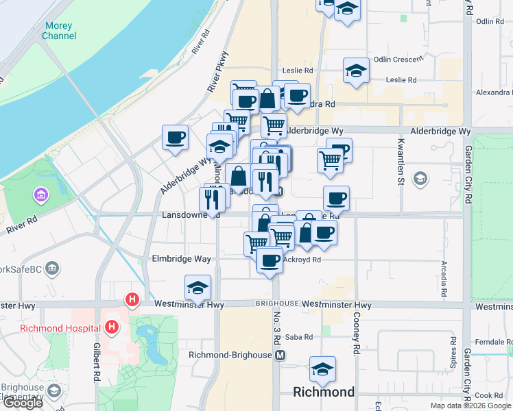 map of restaurants, bars, coffee shops, grocery stores, and more near in Richmond
