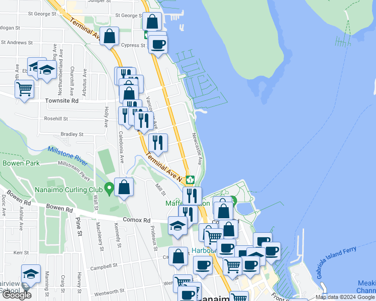 map of restaurants, bars, coffee shops, grocery stores, and more near 143 Newcastle Avenue in Nanaimo
