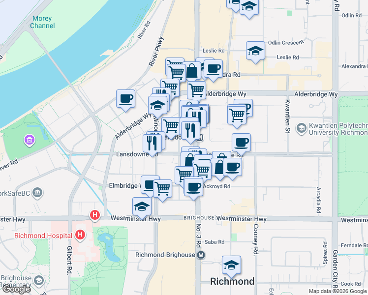 map of restaurants, bars, coffee shops, grocery stores, and more near 7977 Lansdowne Road in Richmond