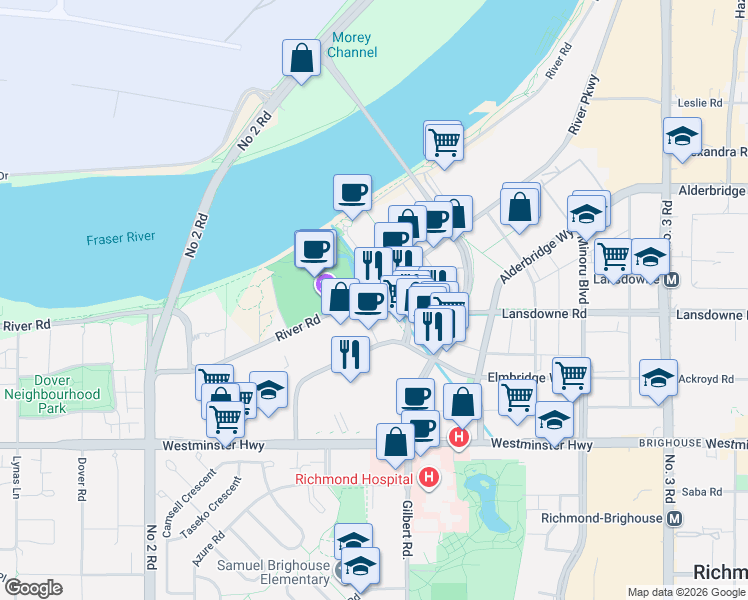 map of restaurants, bars, coffee shops, grocery stores, and more near 6628 River Road in Richmond
