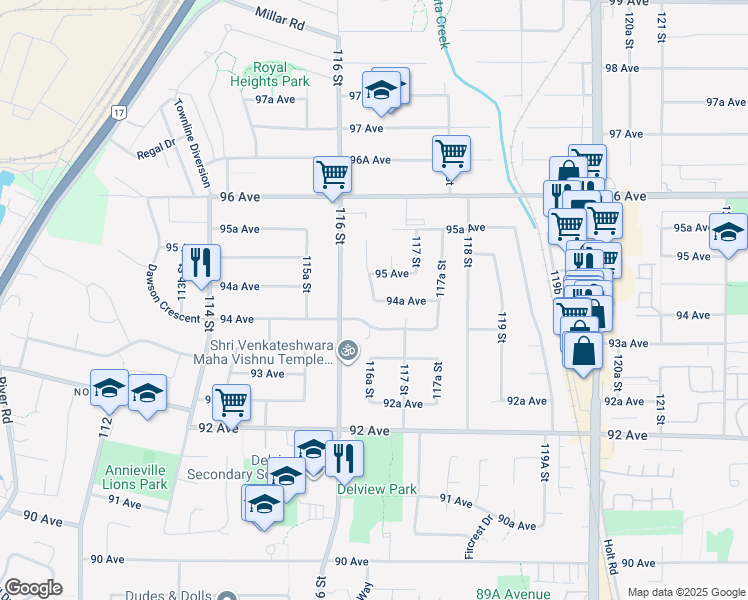 map of restaurants, bars, coffee shops, grocery stores, and more near 11642 94A Avenue in Delta
