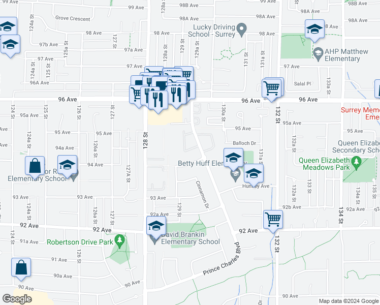 map of restaurants, bars, coffee shops, grocery stores, and more near 9455 Prince Charles Boulevard in Surrey