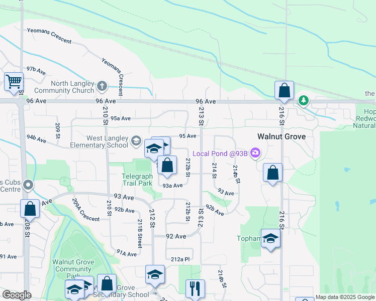 map of restaurants, bars, coffee shops, grocery stores, and more near 21242 94B Avenue in Langley