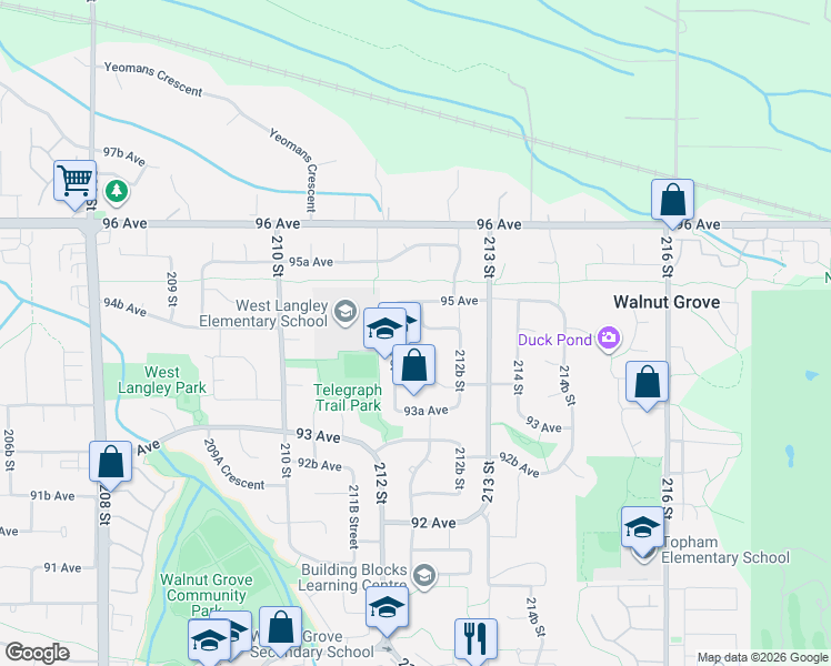 map of restaurants, bars, coffee shops, grocery stores, and more near 21226 94B Avenue in Langley Township