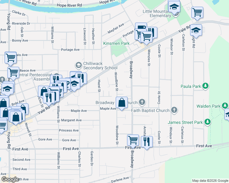 map of restaurants, bars, coffee shops, grocery stores, and more near 9481 Woodbine Street in Chilliwack