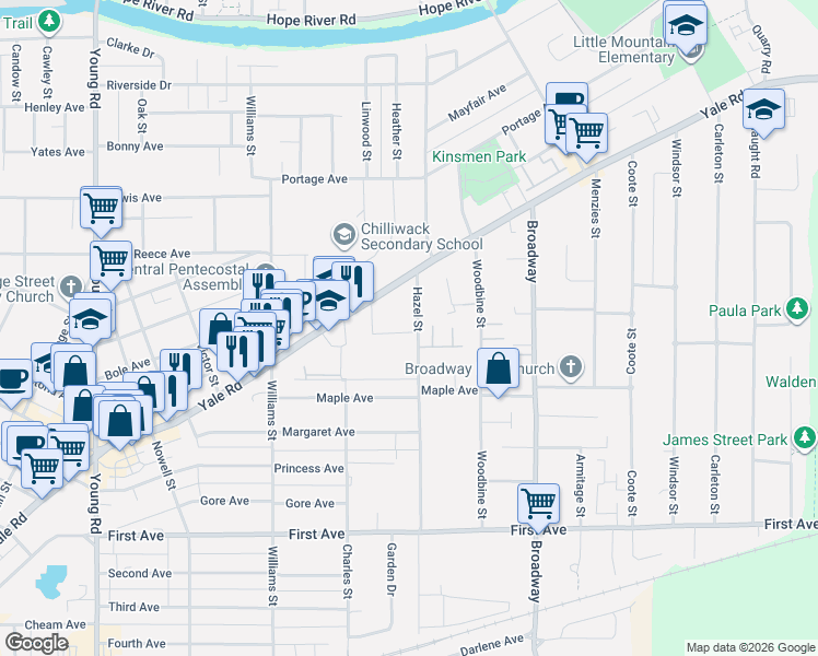 map of restaurants, bars, coffee shops, grocery stores, and more near 9473 Hazel Street in Chilliwack