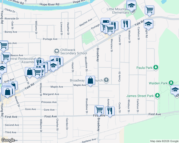 map of restaurants, bars, coffee shops, grocery stores, and more near 9486 Woodbine Street in Chilliwack